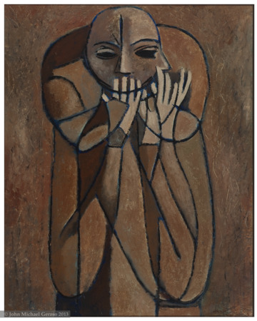 A painting similar to the Cubist style depicting a man seen from the front and simultaneously from
the side. The man is seated, leaning forward and resting his head on his hands.
