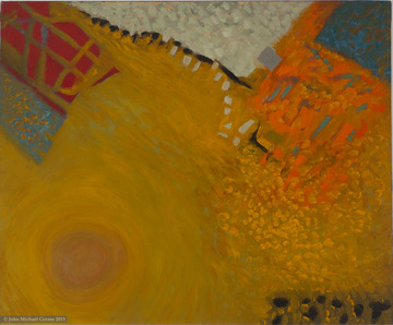 A abstract painting not geometrical typical of Gerzso's style. On the lower right side is
a cicle that suggests a sun, on the top half are areas made up of large dots, lines and areas.