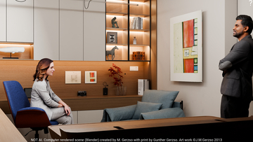 Unframed print engraving hung on wall in rendered office scene