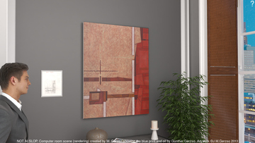 Computer rendering (Blender) of blueprint and part of the unfinished 1997 oil painting, both of which are not framed