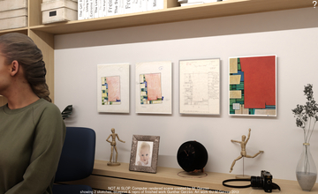 Computer rendering (Blender) of two sketches and blueprint and reproduction of finished work, all are then not framed