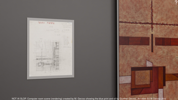 Computer rendering (Blender) of blueprint and part of the unfinished 1997 oil painting, both of which are not framed