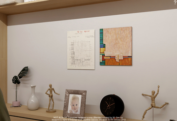 Computer rendering (Blender) of blueprint and 'Personaje', 1999 oil painting, both of which are not framed